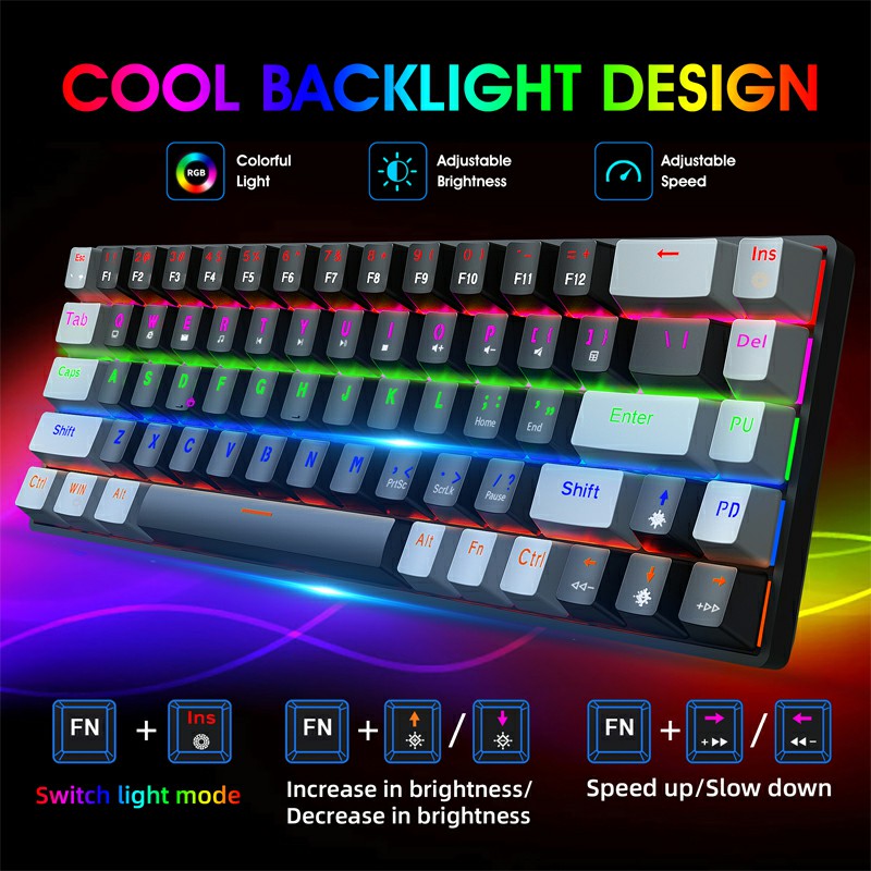 V800 68 Keys Keycap RGB Lighting Effect Metal Panel Blue-Switch Mechanical Keyboard