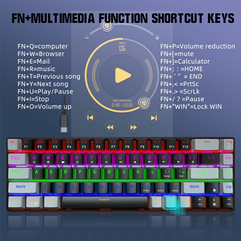 V800 68 Keys Keycap RGB Lighting Effect Metal Panel Blue-Switch Mechanical Keyboard