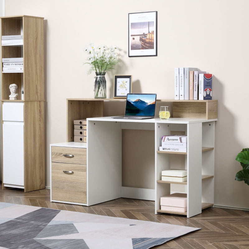 Modern Computer Desk with Drawers and Storage Shelves, Study Workstation, Writing Desk with Printer Stand for Home Office, Oak and White