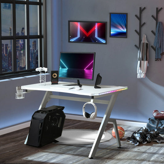 Racing Style LED Gaming Desk, Home Office Desk, Computer Table with RGB LED Lights, Carbon Fibre Surface, Headphone Hook, Cup Holder, Controller Rack, White