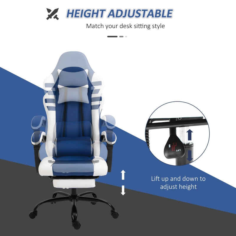 PU Leather Gaming Chair with Headrest, Footrest, Wheels, Adjustable Height, Racing Gamer Chair, Blue White