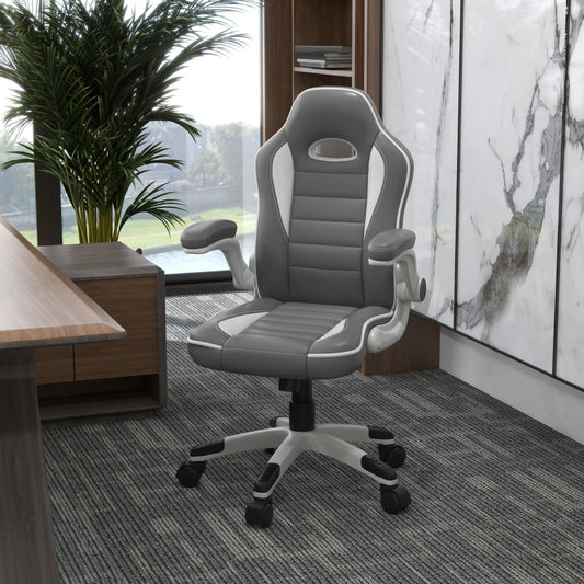 Computer Gaming Chair, Office Desk Swivel Chair, PU Leather Racing Chair with 90° Flip-up Armrest, Adjustable Height and Rolling Wheels, Grey
