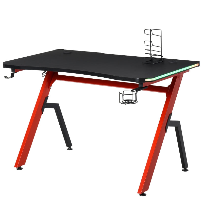Racing Style LED Gaming Desk Office Desk Computer Table RGB Carbon Fibre Surface Headphone Hook Cup Holder Controller Rack Black And Red
