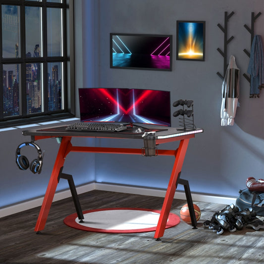 Racing Style LED Gaming Desk Office Desk Computer Table RGB Carbon Fibre Surface Headphone Hook Cup Holder Controller Rack Black And Red