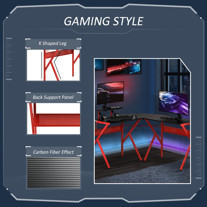 Gaming Desk L-Shaped Corner Computer Table for Home Office PC Workstations with Adjustable Monitor Stand Cup Holder Headphone Hook 125x125x75cm, Red