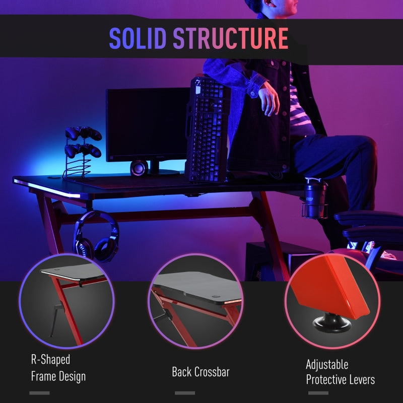 Racing Style LED Gaming Desk Office Desk Computer Table RGB Carbon Fibre Surface Headphone Hook Cup Holder Controller Rack Black And Red