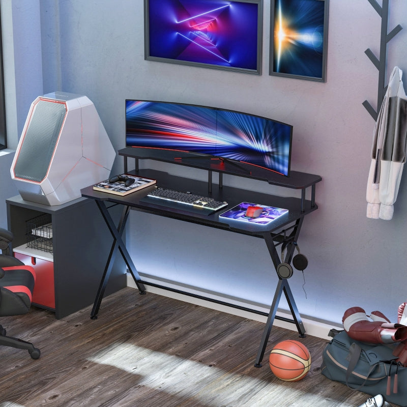 Gaming Desk Writing Racing Computer Table Workstation with Headphone Hook Curved Front Adjustable Feet for Home Office Use