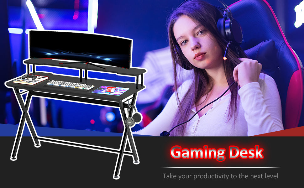 Gaming Desk Writing Racing Computer Table Workstation with Headphone Hook Curved Front Adjustable Feet for Home Office Use
