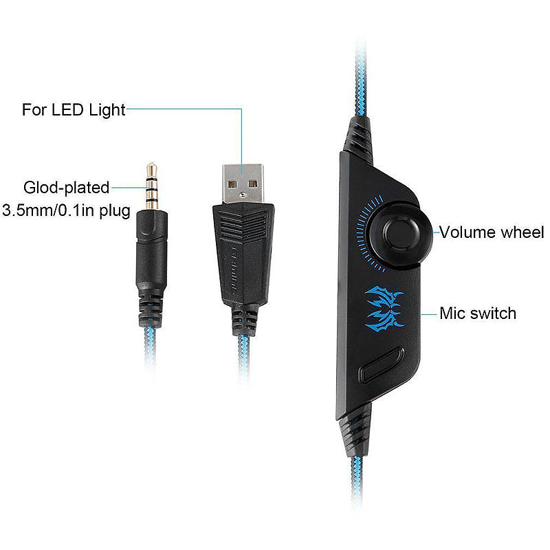 3.5mm LED Gaming Headset with MIC HiFi Headphones for Laptop Xbox - Black + Blue