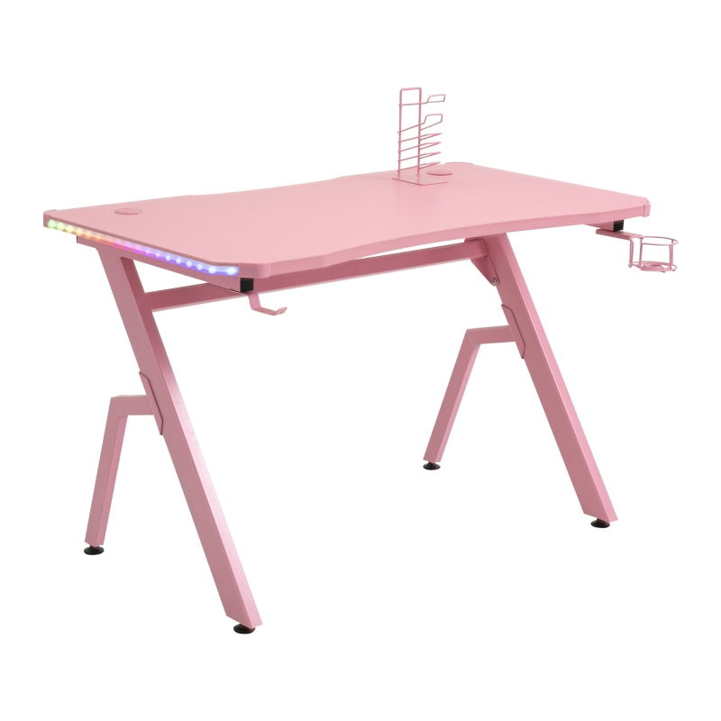LED Pink Gaming Desk Office Desk Computer Table RGB Carbon Fibre Surface Headphone Hook Cup Holder Controller Rack Pink