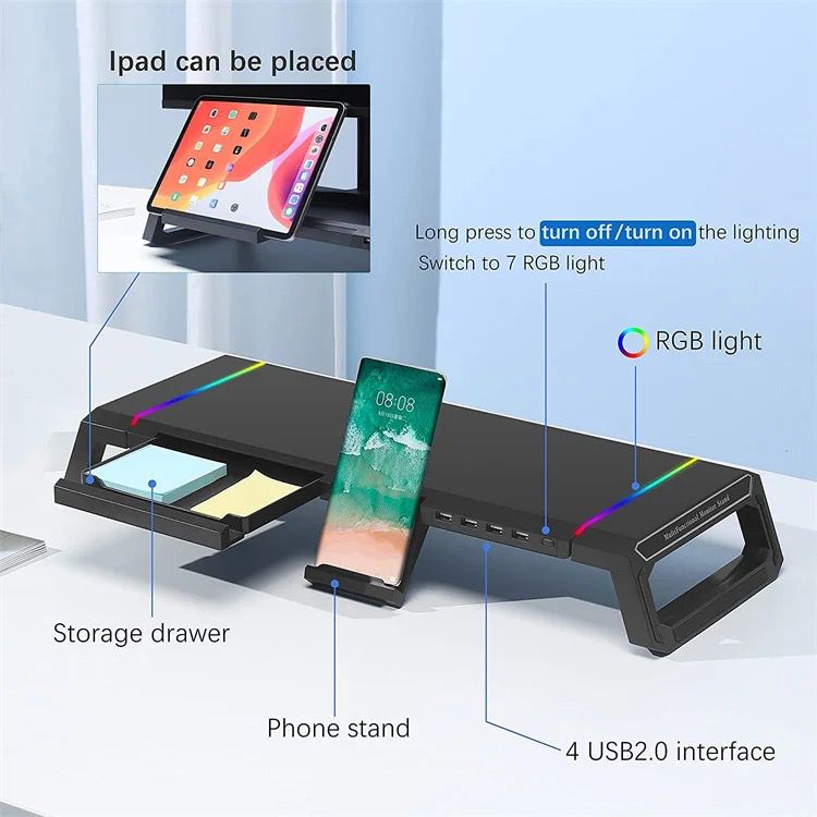 Monitor Table Stand Monitor Stand Riser Computer Screen Monitor Stand Adjustable RGB lights, charger, Phone Holder