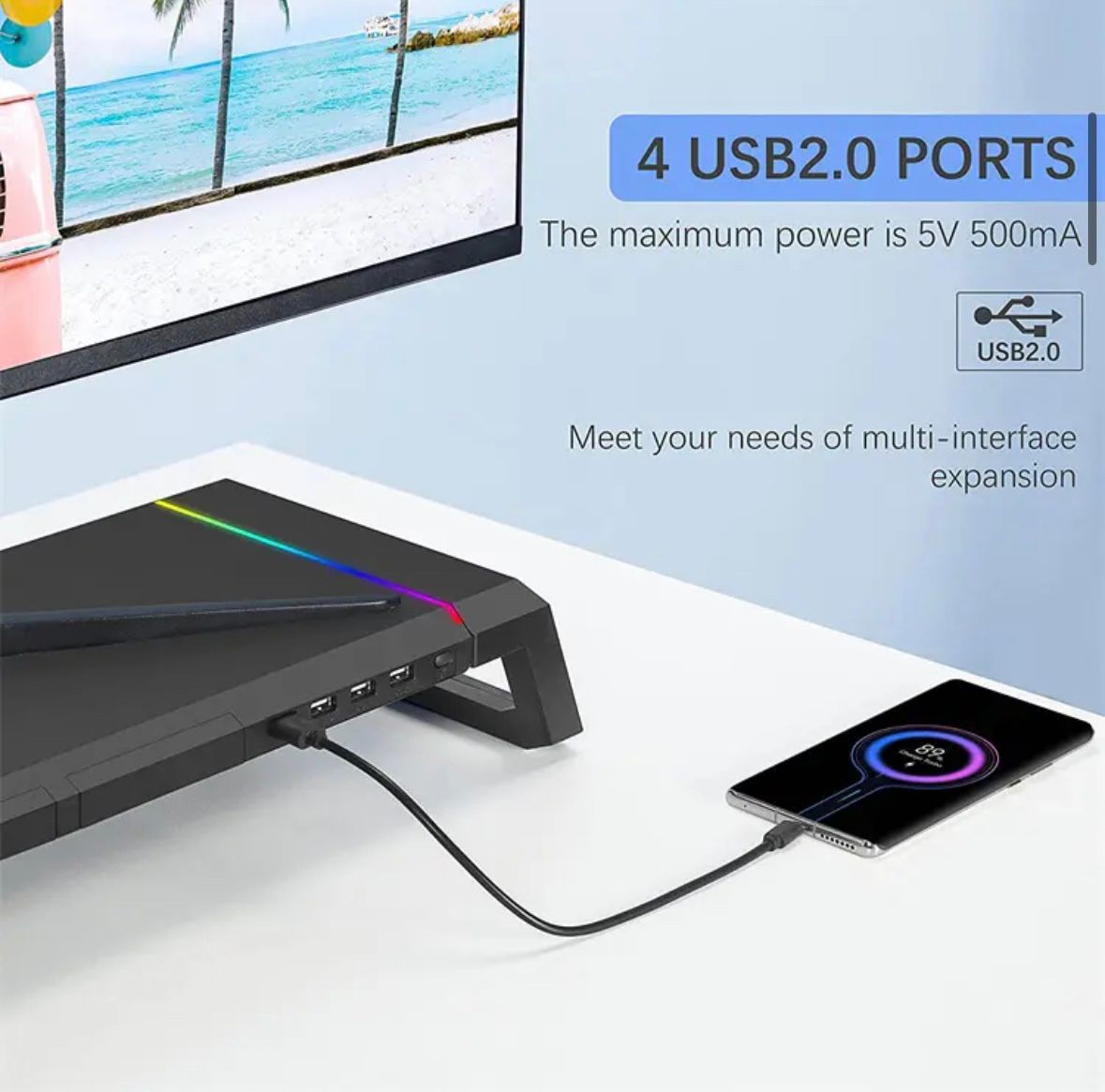 Monitor Table Stand Monitor Stand Riser Computer Screen Monitor Stand Adjustable RGB lights, charger, Phone Holder