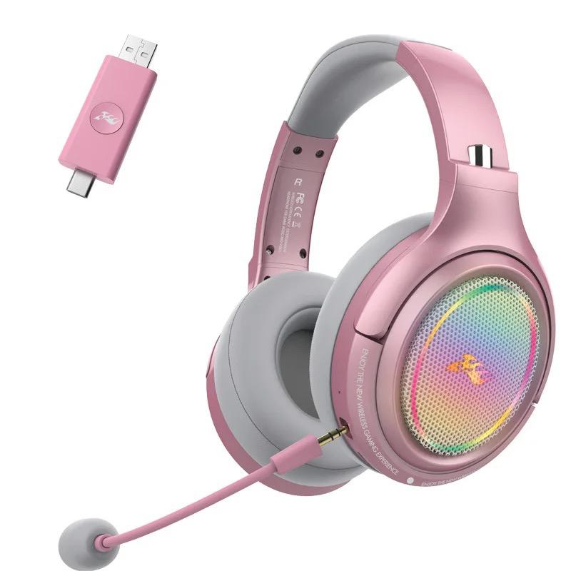 Bluetooth wireless headset Low Latency Gaming Headset LED RGB Microphone Pink / Black