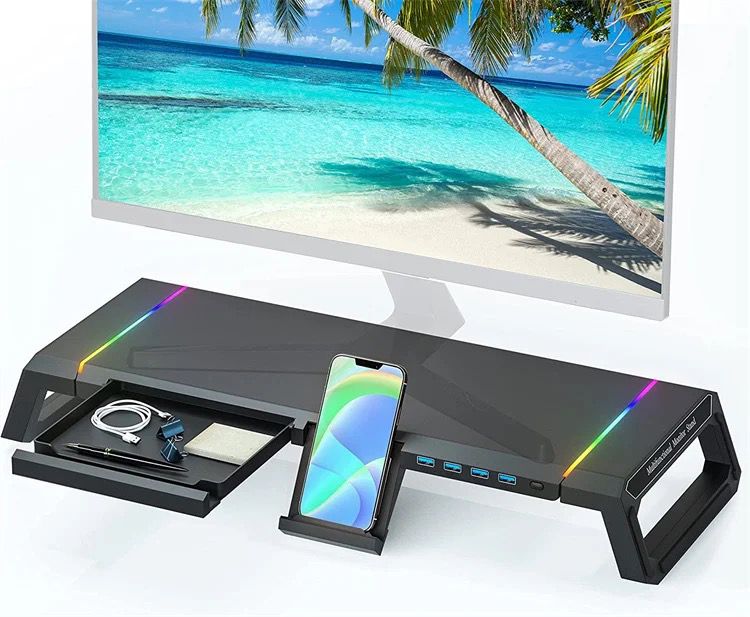 Monitor Table Stand Monitor Stand Riser Computer Screen Monitor Stand Adjustable RGB lights, charger, Phone Holder