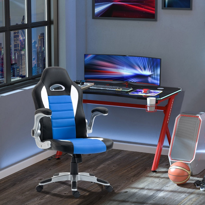 Computer Gaming Chair, Office Desk Swivel Chair, PU Leather Racing Chair with 90° Flip-up Armrest, Adjustable Height and Rolling Wheels, Blue