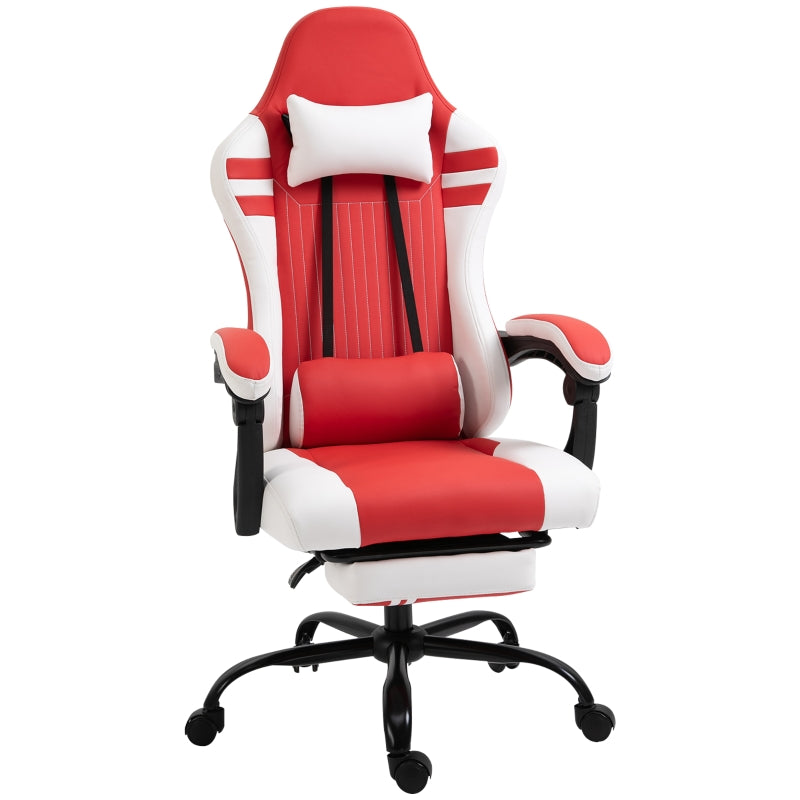 PU Leather Gaming Chair with Headrest, Footrest, Wheels, Adjustable Height, Racing Gamer Chair, Red White