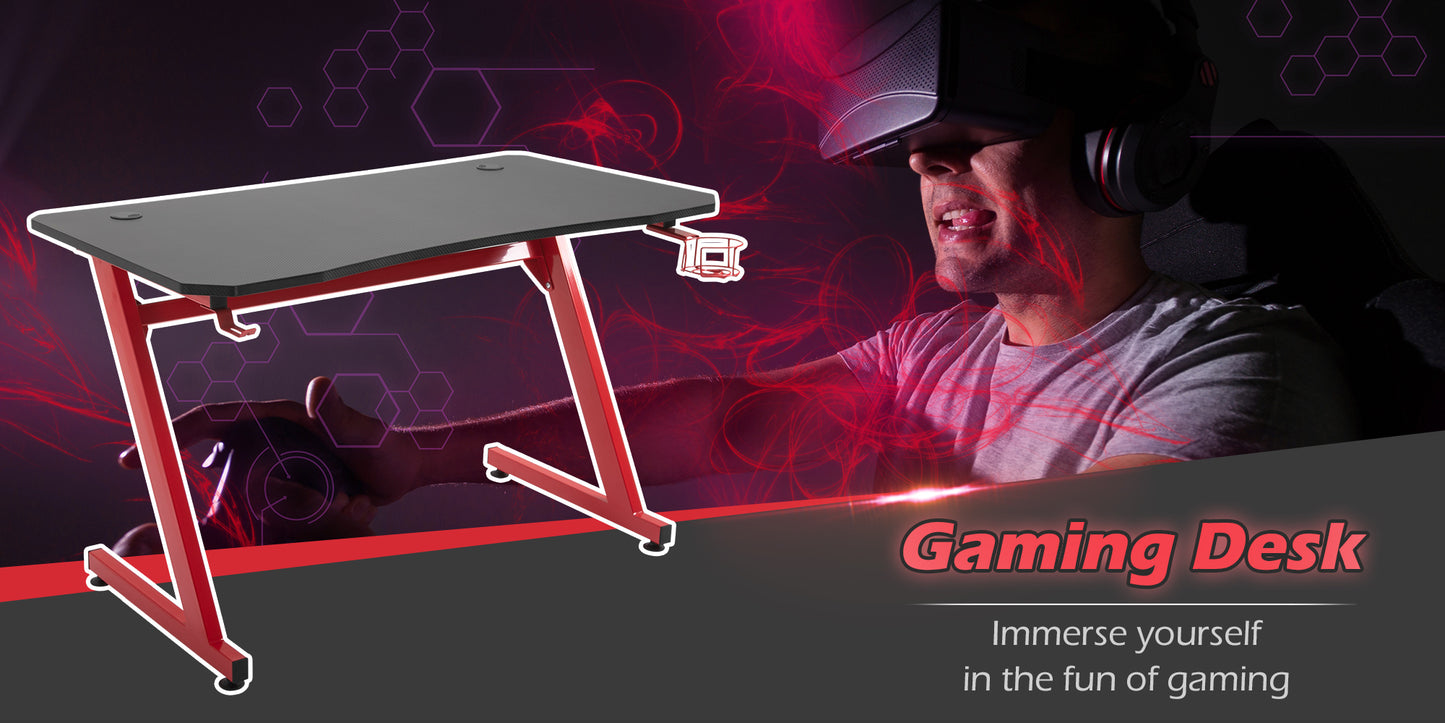 Gaming Desk Steel Frame w/ Cup Headphone Holder Adjustable Feet Cable Organiser Home Office Computer Table Red