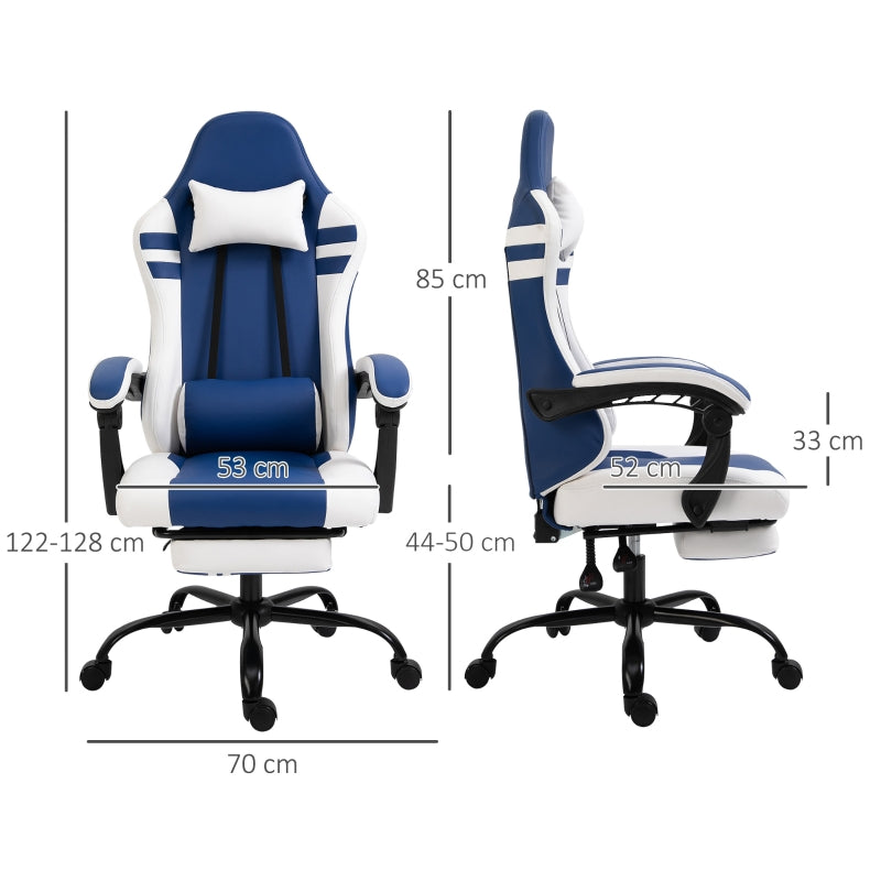 PU Leather Gaming Chair with Headrest, Footrest, Wheels, Adjustable Height, Racing Gamer Chair, Blue White