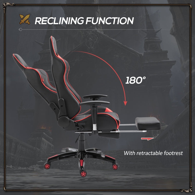High-Back Gaming Chair Swivel Home Office Computer Racing Gamer Recliner Chair Faux Leather with Footrest, Wheels, Red Black
