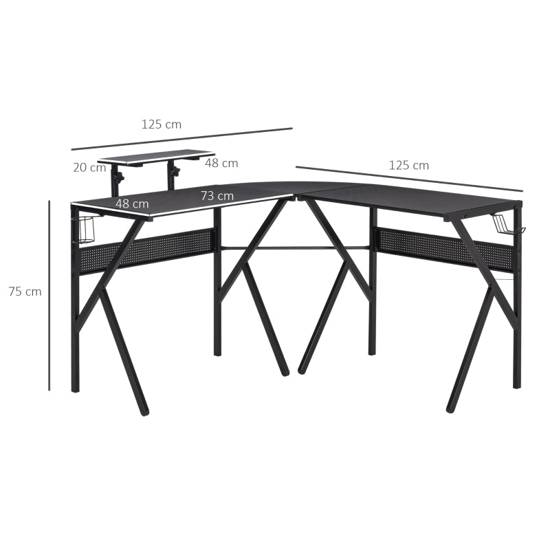 Gaming Desk L-Shaped Corner Computer Table for Home Office PC Workstations with Adjustable Monitor Stand Cup Holder Headphone Hook 125x125x75cm, Black