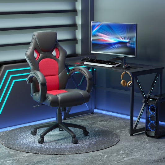 High Back Office Chair Gaming Chair Faux Leather Swivel Computer Desk Chair for Home Office with Wheels Armrests, Black & Red