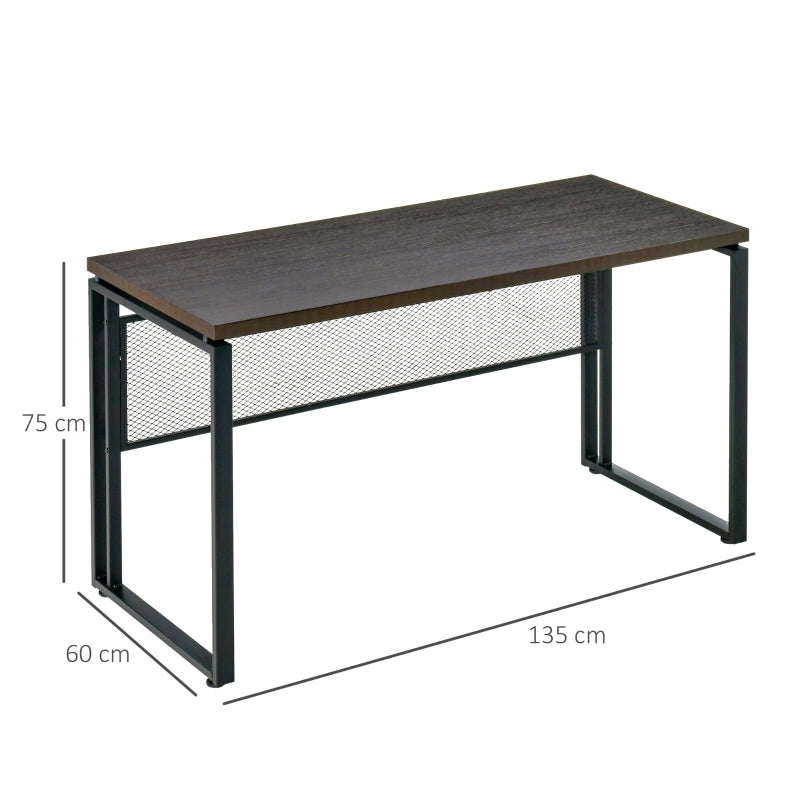 Computer Desk 135cm, Writing Table for Home Office, Study Workstation with Metal Frame, Brown and Black