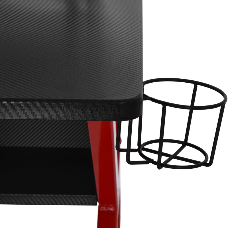 Gaming Desk Computer Table with Monitor Stand, Cup Holder, Headphone Hook, Wire Basket and Metal Frame, Red