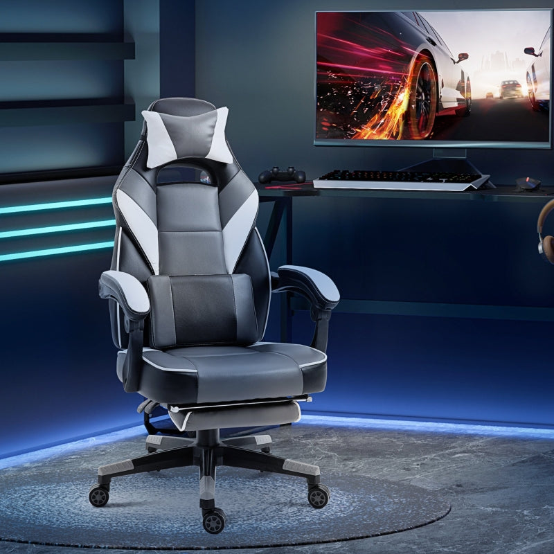 Gaming Chair Ergonomic Recliner w/ Thick Padding Footrest Headrest Lumbar Pillow 5 Wheels Racing Swivel Height Adjustable Home Office Chair Grey