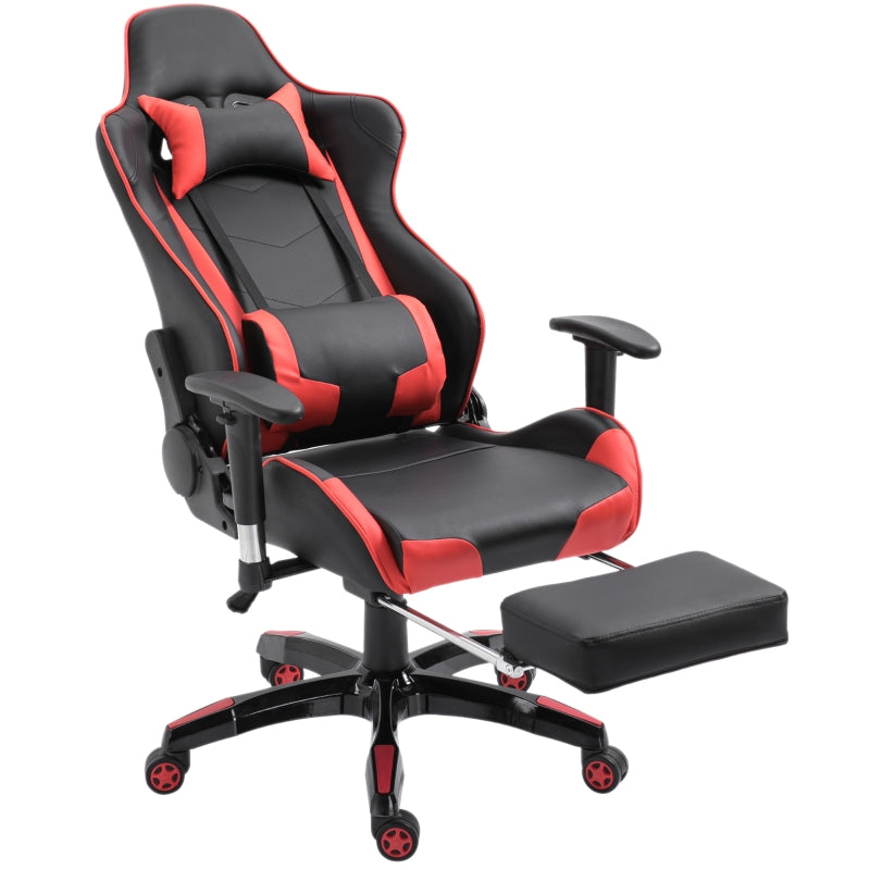 High-Back Gaming Chair Swivel Home Office Computer Racing Gamer Recliner Chair Faux Leather with Footrest, Wheels, Red Black