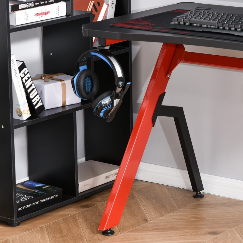 Racing Style LED Gaming Desk Office Desk Computer Table RGB Carbon Fibre Surface Headphone Hook Cup Holder Controller Rack Black And Red
