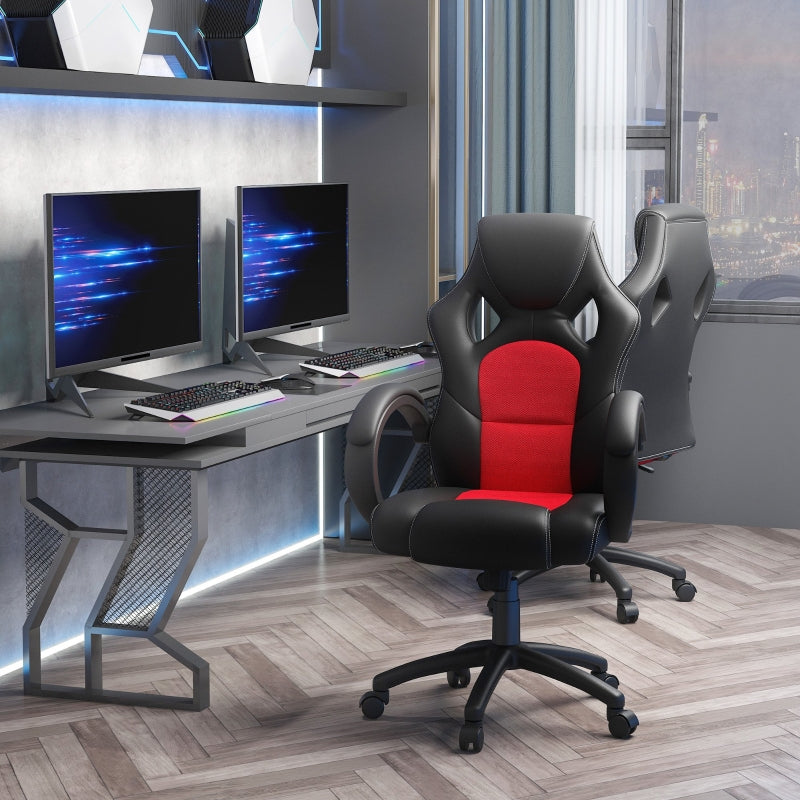 High Back Office Chair Gaming Chair Faux Leather Swivel Computer Desk Chair for Home Office with Wheels Armrests, Black & Red