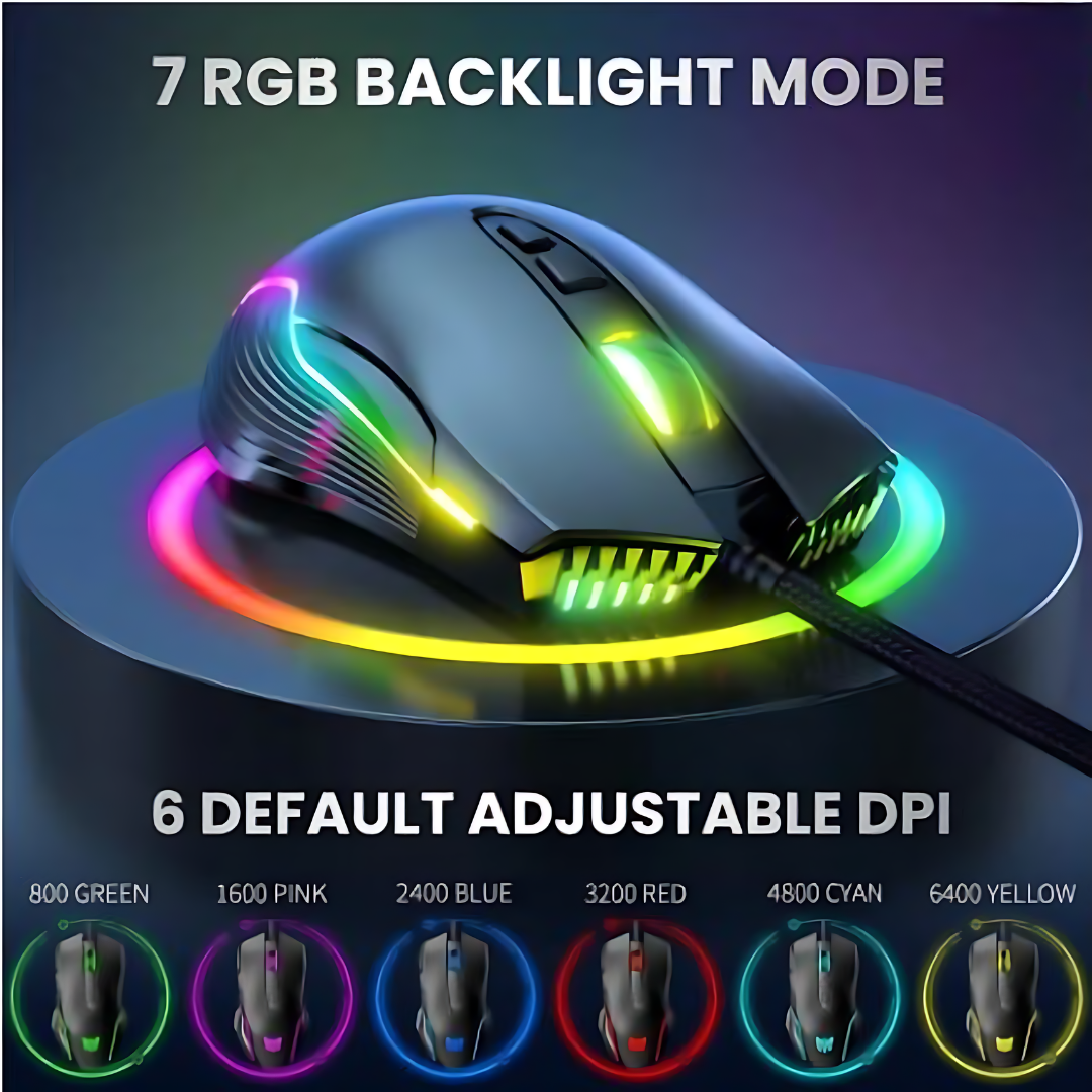 Adjustable 6400 DPI Wired LED Gaming Mouse with Breathing LED Colors Black