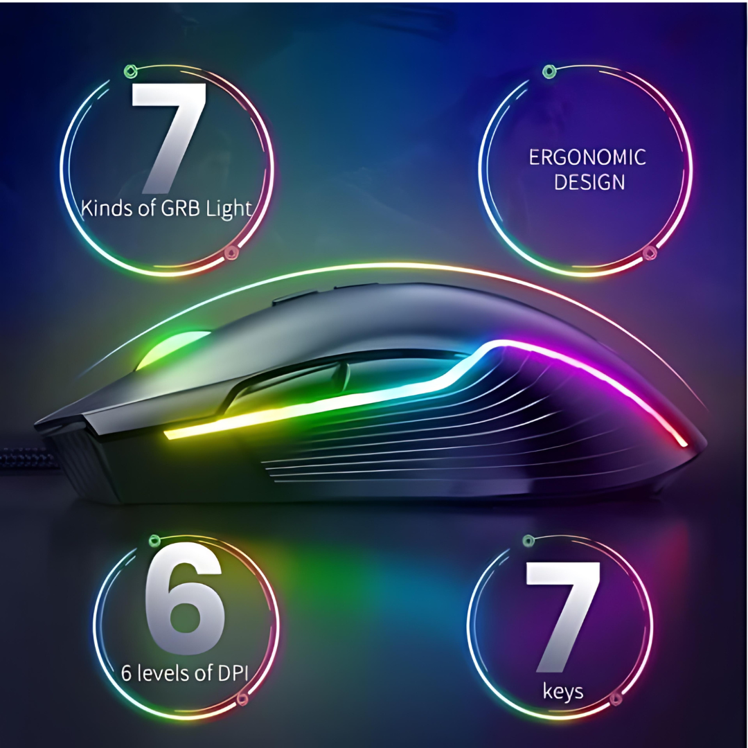 Adjustable 6400 DPI Wired LED Gaming Mouse with Breathing LED Colors Black