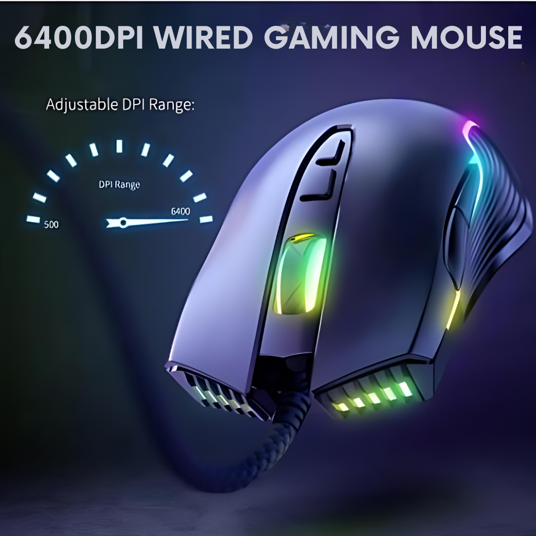 Adjustable 6400 DPI Wired LED Gaming Mouse with Breathing LED Colors Black