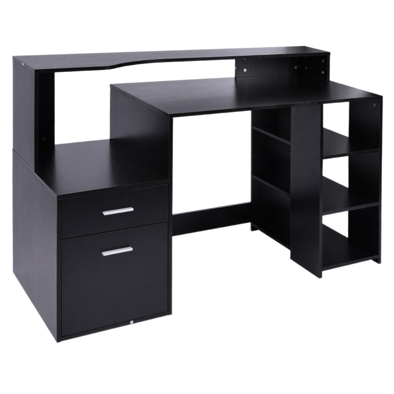 Modern Computer Desk with Drawers and Storage Shelves, Study Workstation, Writing Desk with Printer Stand for Home Office, Black