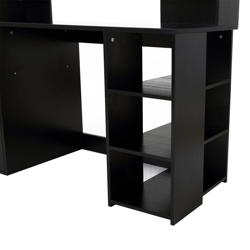 Modern Computer Desk with Drawers and Storage Shelves, Study Workstation, Writing Desk with Printer Stand for Home Office, Black