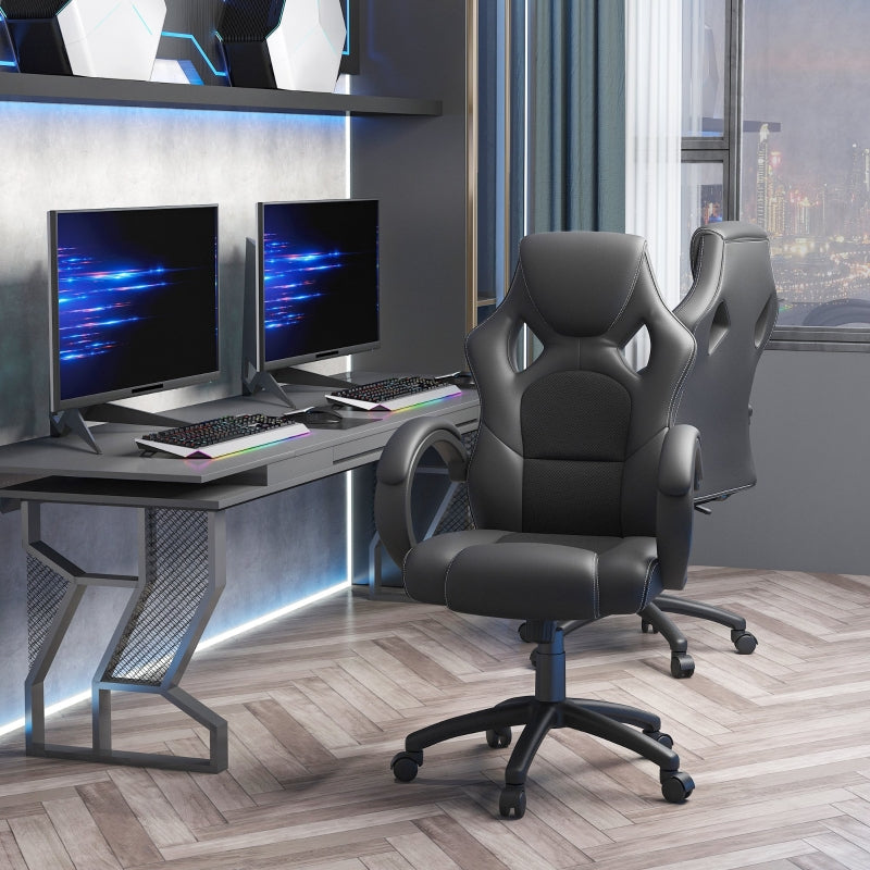 High-Back Office Chair Gaming Chair Faux Leather Swivel Computer Desk Chair for Home Office with Wheels Armrests Black