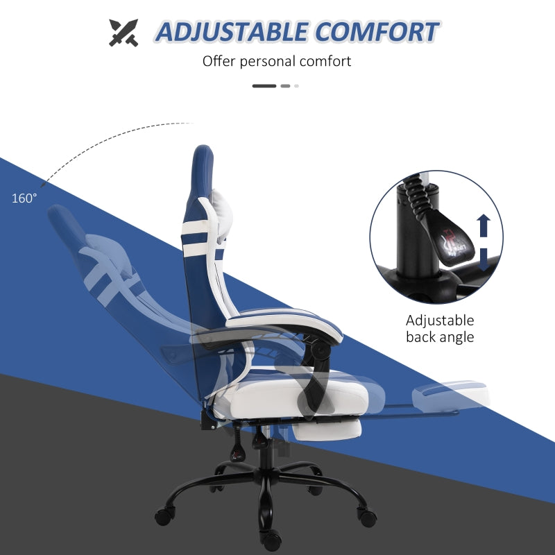 PU Leather Gaming Chair with Headrest, Footrest, Wheels, Adjustable Height, Racing Gamer Chair, Blue White