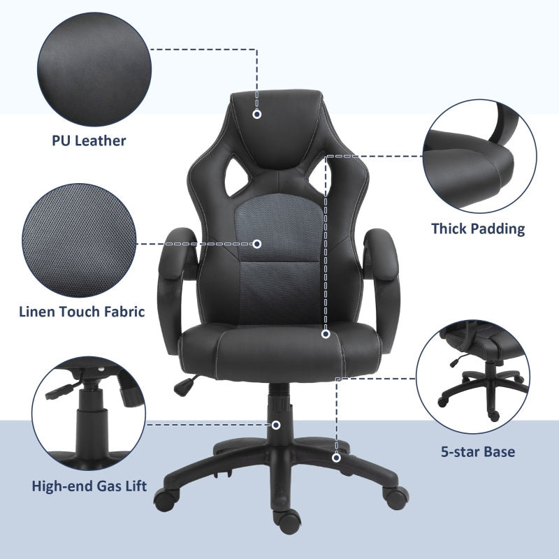 High-Back Office Chair Gaming Chair Faux Leather Swivel Computer Desk Chair for Home Office with Wheels Armrests Black/Grey