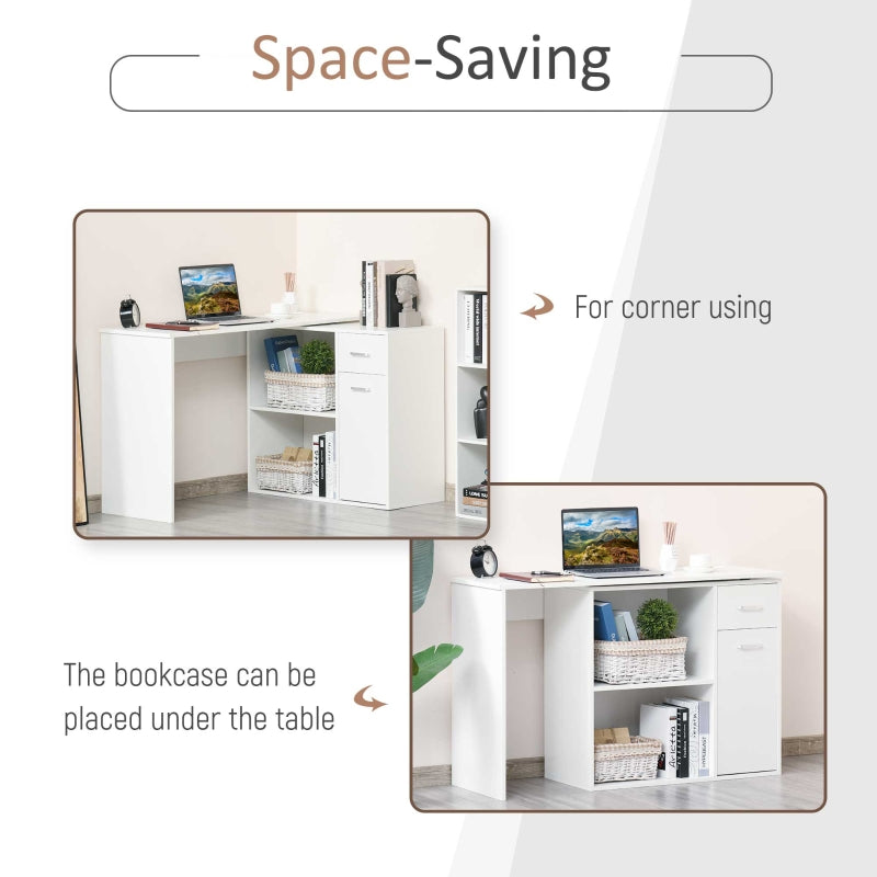 L-Shaped Desk Computer Corner Desk, Adjustable Dining Table with Storage Shelf and Drawer, Workstation for Home Office, White