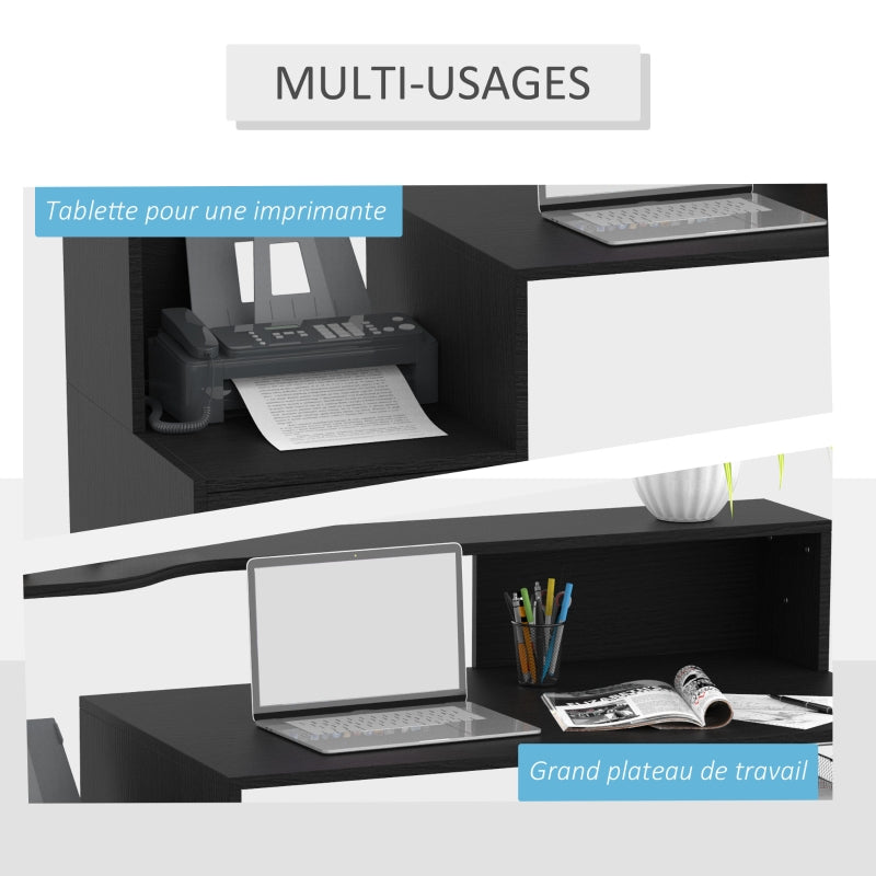 Modern Computer Desk with Drawers and Storage Shelves, Study Workstation, Writing Desk with Printer Stand for Home Office, Black