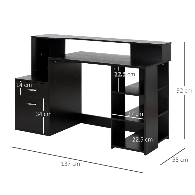 Modern Computer Desk with Drawers and Storage Shelves, Study Workstation, Writing Desk with Printer Stand for Home Office, Black