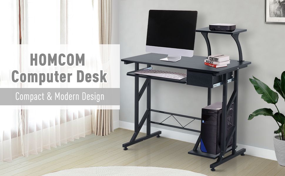 Computer Desk with Display Stand, Sliding Keyboard Tray Drawer and Host Box Shelf Home Office Workstation Black