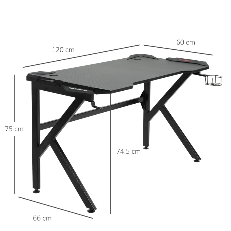 Gaming desk with Cup Holder Headphone Hook Feet Adjustable 120 x 66 x 75cm Black