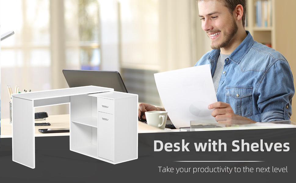 L-Shaped Desk Computer Corner Desk, Adjustable Dining Table with Storage Shelf and Drawer, Workstation for Home Office, White