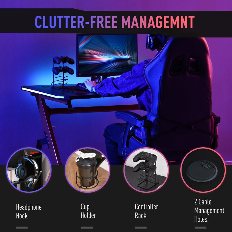 Racing Style LED Gaming Desk Office Desk Computer Table RGB Carbon Fibre Surface Headphone Hook Cup Holder Controller Rack Black And Red