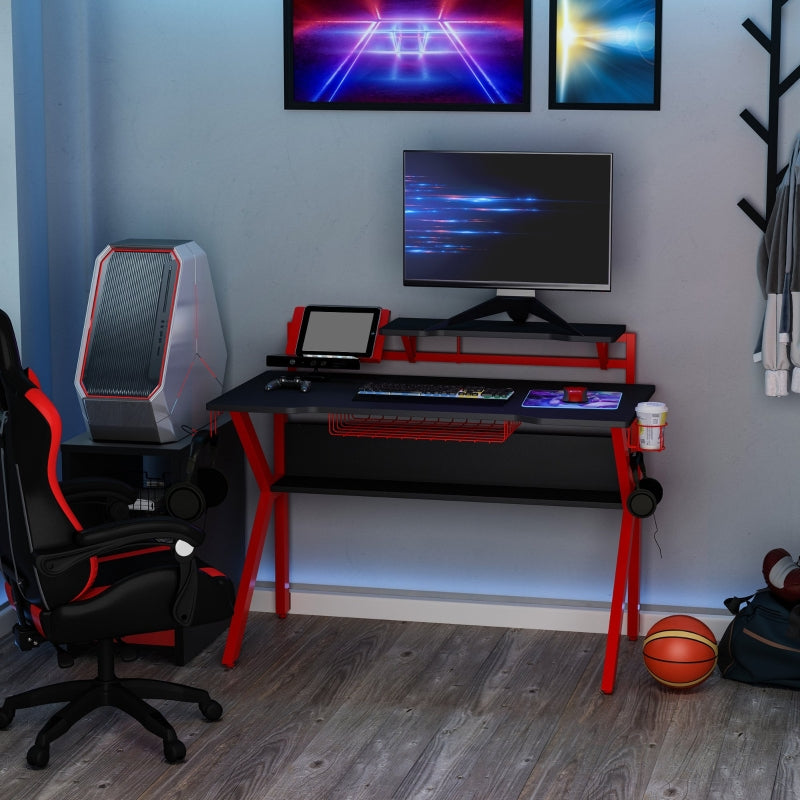 Gaming Desk Computer Table with Monitor Stand, Cup Holder, Headphone Hook, Wire Basket and Metal Frame, Red