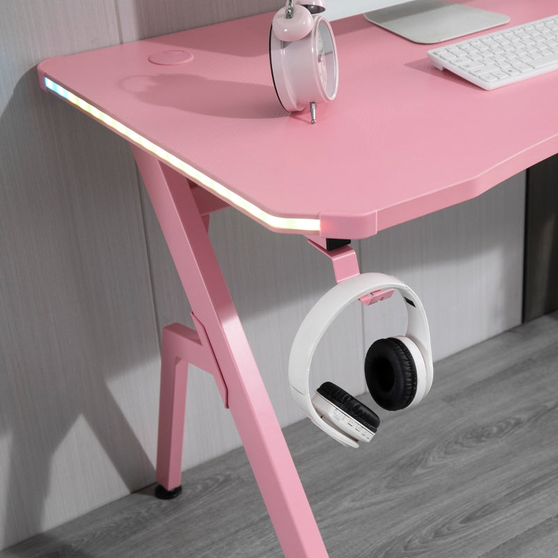 LED Pink Gaming Desk Office Desk Computer Table RGB Carbon Fibre Surface Headphone Hook Cup Holder Controller Rack Pink