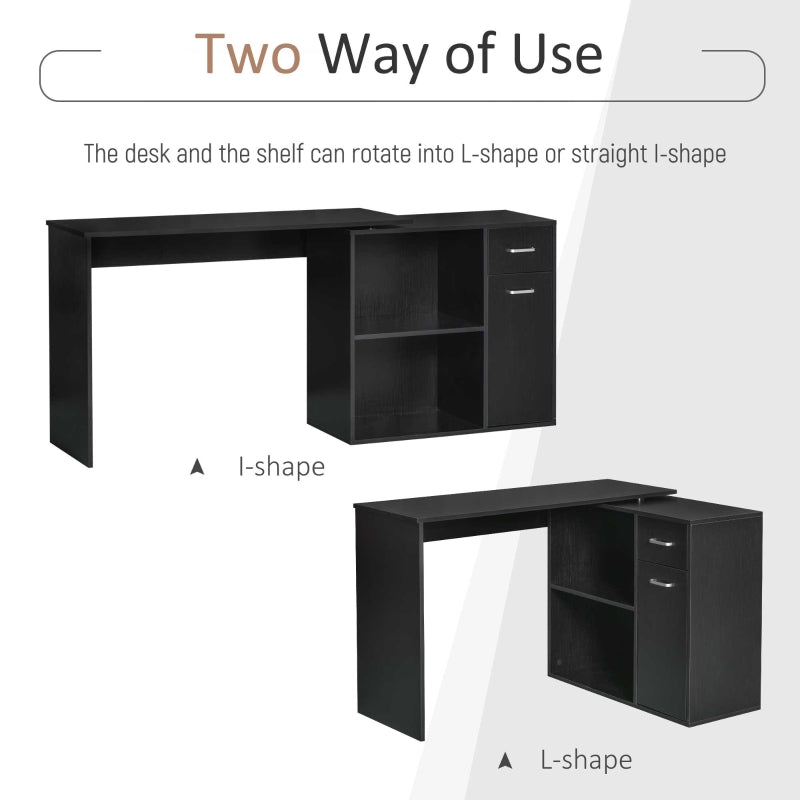L-Shaped Desk Computer Corner Desk, Adjustable Dining Table with Storage Shelf and Drawer, Workstation for Home Office, Black