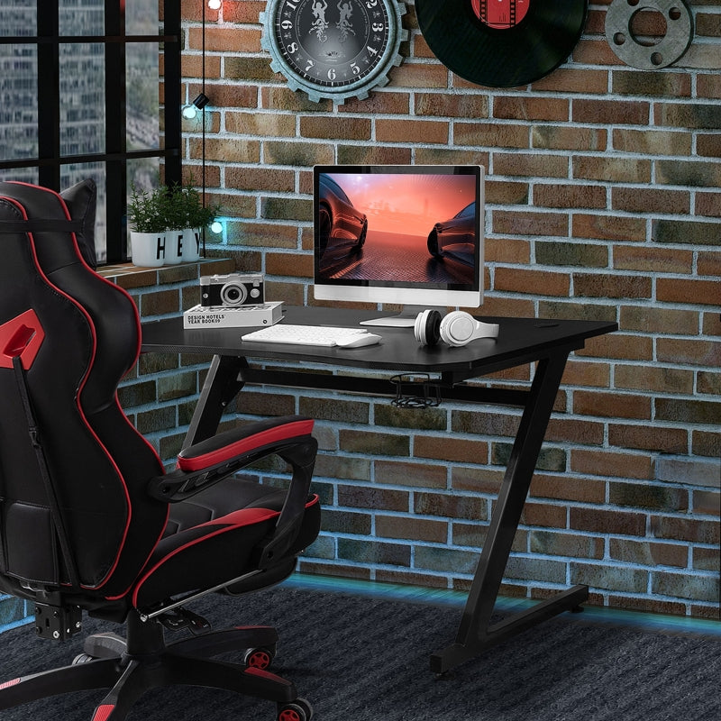 Gaming Desk Steel Frame with Cup Holder, Headphone Hook, Adjustable Feet and Cable Organiser, Home Office Computer Table, Black